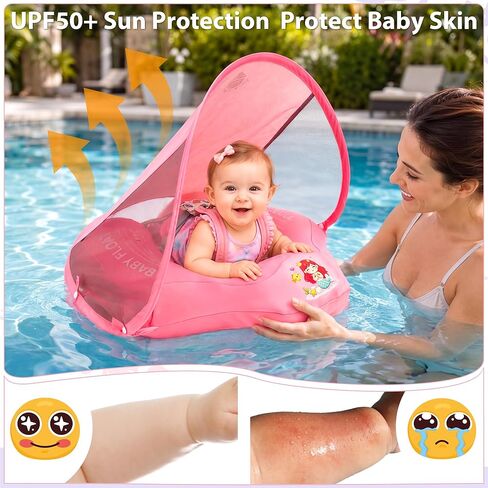 Baby Pool Float with Canopy for Age 6-36 Months UPF50+, Soft Fabric-Covered Inflatable Baby Swim Float with Anti-Tip Safety Seat, Infant Swimming Float Toddler Floaties UV Protection for Boys Girls in Kuwait