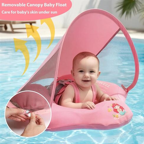 Baby Pool Float with Canopy for Age 6-36 Months UPF50+, Soft Fabric-Covered Inflatable Baby Swim Float with Anti-Tip Safety Seat, Infant Swimming Float Toddler Floaties UV Protection for Boys Girls in Kuwait