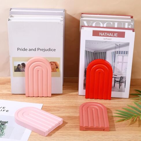 4 Pcs Book Ends for Shelves Orange, Boho Arch Bookends Bookshelf Decor, Cute Book Stopper Decorative, Non Skid Book Holder for Heavy Books,Bookshelf Accessories,Home Library Decor in Kuwait