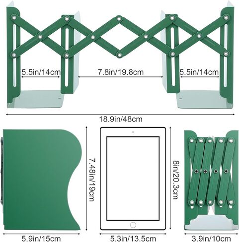 2PCS Adjustable Bookends, Metal Book Ends for Heavy Book, 2 Dividers, Nonslip Stander for Desk, Shelf, Office, Stationery Gift, Extends up to 19 inches (Green) in Kuwait