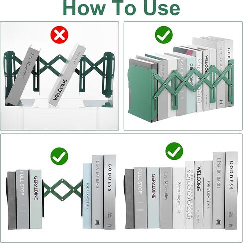 2PCS Adjustable Bookends, Metal Book Ends for Heavy Book, 2 Dividers, Nonslip Stander for Desk, Shelf, Office, Stationery Gift, Extends up to 19 inches (Green) in Kuwait