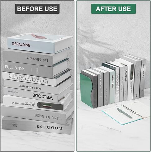 2PCS Adjustable Bookends, Metal Book Ends for Heavy Book, 2 Dividers, Nonslip Stander for Desk, Shelf, Office, Stationery Gift, Extends up to 19 inches (Green) in Kuwait