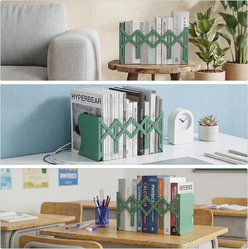 2PCS Adjustable Bookends, Metal Book Ends for Heavy Book, 2 Dividers, Nonslip Stander for Desk, Shelf, Office, Stationery Gift, Extends up to 19 inches (Green) in Kuwait