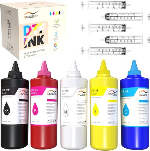 NGOODIEZ DTF Ink for L1800 XP-15000 ET-8550 - DTF Transfer Ink 5 x 500ml (2500ml) CMYK + White - Direct to Film Ink for Heat Press T-Shirt Printing in Kuwait