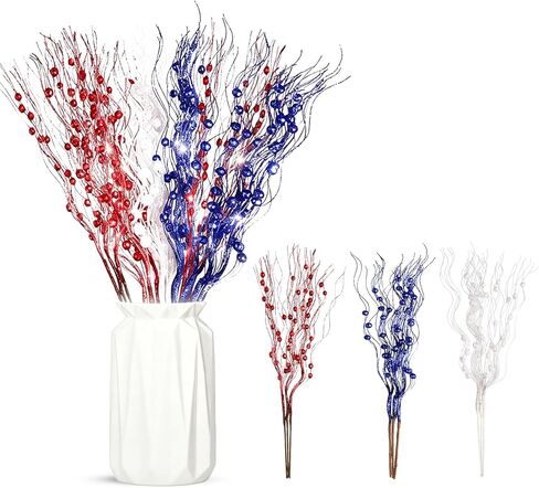 12 Pack Red White and Blue Flowers Artificial Patriotic Berry Stem, 17 Inch 4th of July Glitter Sticks 4th of July Tree Decorations, Curly Patriotic Picks for Vase Independence Day Memorial Day Decor in Kuwait
