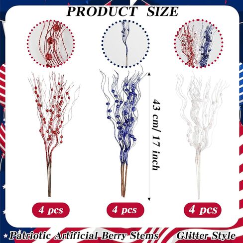 12 Pack Red White and Blue Flowers Artificial Patriotic Berry Stem, 17 Inch 4th of July Glitter Sticks 4th of July Tree Decorations, Curly Patriotic Picks for Vase Independence Day Memorial Day Decor in Kuwait