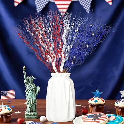12 Pack Red White and Blue Flowers Artificial Patriotic Berry Stem, 17 Inch 4th of July Glitter Sticks 4th of July Tree Decorations, Curly Patriotic Picks for Vase Independence Day Memorial Day Decor in Kuwait