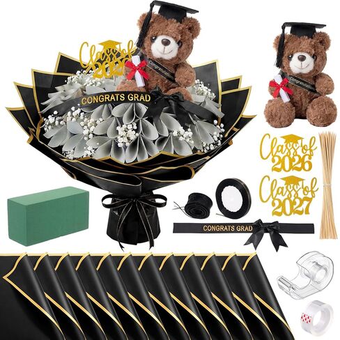 Hollowfly 80 Pcs Graduation Money Bouquet Wrapping Accessories Kit, 20 Flower Wrapping Paper 50 Sticks 2 Card Inserts 1 Bear 3 Ribbons DIY Crafts for Graduation Birthday Mother's Day(Bear 1,Black) in Kuwait