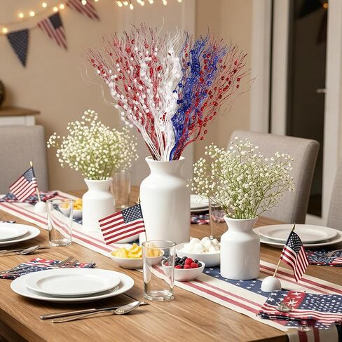 12 Pack Red White and Blue Flowers Artificial Patriotic Berry Stem, 17 Inch 4th of July Glitter Sticks 4th of July Tree Decorations, Curly Patriotic Picks for Vase Independence Day Memorial Day Decor in Kuwait