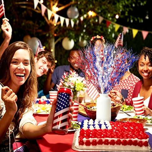 12 Pack Red White and Blue Flowers Artificial Patriotic Berry Stem, 17 Inch 4th of July Glitter Sticks 4th of July Tree Decorations, Curly Patriotic Picks for Vase Independence Day Memorial Day Decor in Kuwait