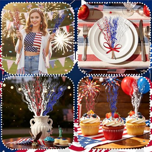 12 Pack Red White and Blue Flowers Artificial Patriotic Berry Stem, 17 Inch 4th of July Glitter Sticks 4th of July Tree Decorations, Curly Patriotic Picks for Vase Independence Day Memorial Day Decor in Kuwait