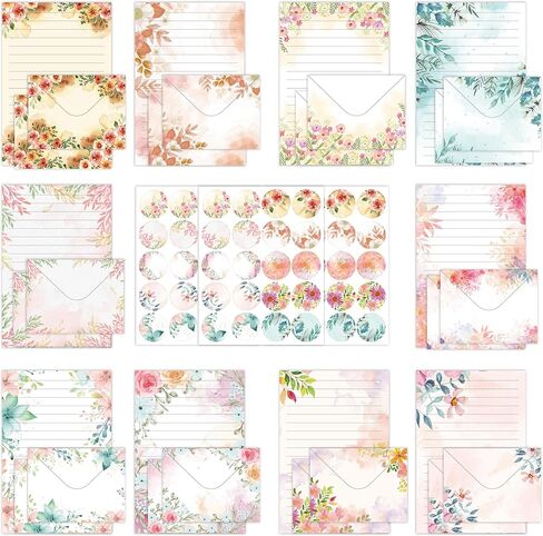 Stationery Paper Envelopes Set 160 Pcs - 50 Lined Writing Paper, 50 Envelopes, 60 Dot Stickers, Vintage/Floral/Leaf/Watercolor Multi-Style Options (STATIONERY-160PCS-VINTAGE) in Kuwait