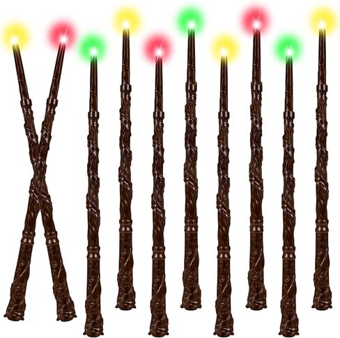 Light Up Wizard Wand with Color Lights & Sounds - 10 Pack Illuminating Magic Witch Sorcerer Toy Wand Set for Kids Cosplay Birthday Party Favors, Brown in Kuwait