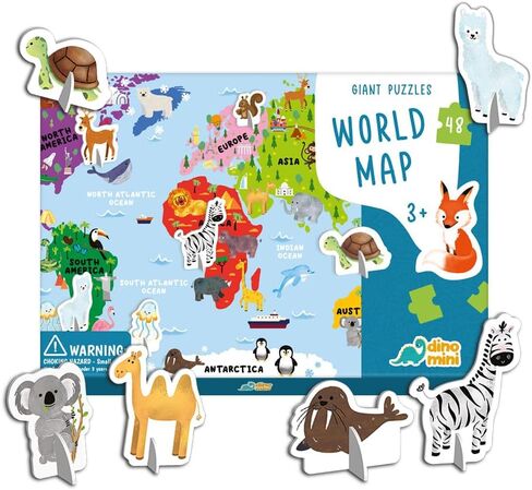 Dinomini Giant World Map Puzzle for Kids - with Interactive Standing Figures - Floor Puzzles for Kids Ages 3-5 - Preschool Learning Activities - Learning & Educational Toys in Kuwait