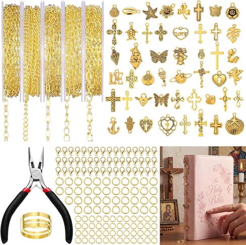 Sureio Bible Chain Jewelry Making Kit 16.4ft 5 Rolls DIY Gold Plated Chain Crafts with 90 Pcs Charms for DIY Necklace Bracelet Jewelry Accessory Christian Bible Spine Edge Decor(Cross,Gold) in Kuwait