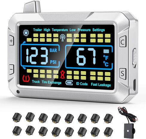 truck tire pressure monitoring system (0-188 PSI) features a signal booster, a 4.3-inch color screen, six alarm modes, and can monitor up to 43 tires for trailer rv semi truck camper (12 Sensors) in Saudi Arabia