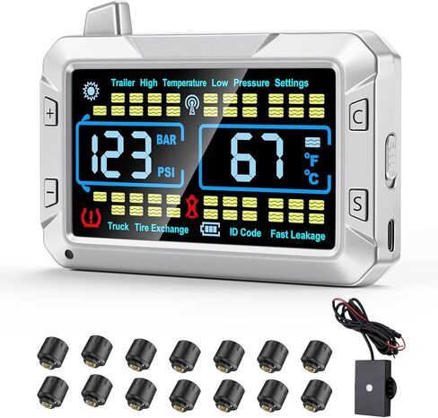 truck tire pressure monitoring system (0-188 PSI) features a signal booster, a 4.3-inch color screen, six alarm modes, and can monitor up to 43 tires for trailer rv semi truck camper (12 Sensors) in Saudi Arabia