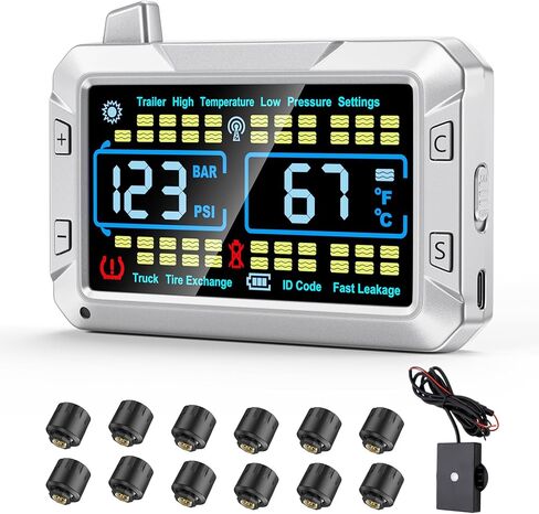 truck tire pressure monitoring system (0-188 PSI) features a signal booster, a 4.3-inch color screen, six alarm modes, and can monitor up to 43 tires for trailer rv semi truck camper (12 Sensors) in Saudi Arabia