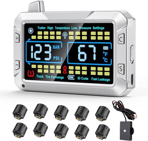 truck tire pressure monitoring system (0-188 PSI) features a signal booster, a 4.3-inch color screen, six alarm modes, and can monitor up to 43 tires for trailer rv semi truck camper (12 Sensors) in Saudi Arabia