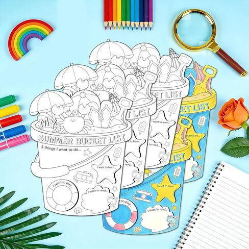 مجموعة ملصقات أنشطة التلوين من Sereliy My Summer Bucket List مكونة من 36 ملصقًا، لون قائمة دلو الصيف الخاصة بك مصنوعة يدويًا من الورق للنشاط الفني الممتع الإبداعي (Bucket.36) in Kuwait