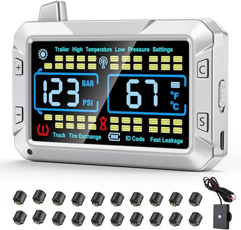 truck tire pressure monitoring system (0-188 PSI) features a signal booster, a 4.3-inch color screen, six alarm modes, and can monitor up to 43 tires for trailer rv semi truck camper (12 Sensors) in Saudi Arabia