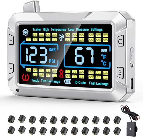 truck tire pressure monitoring system (0-188 PSI) features a signal booster, a 4.3-inch color screen, six alarm modes, and can monitor up to 43 tires for trailer rv semi truck camper (12 Sensors) in Saudi Arabia