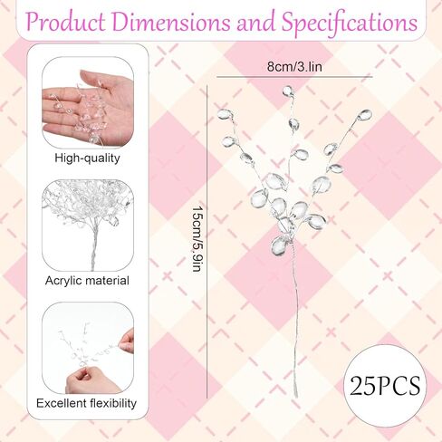 25 Pcs Crystal Flower Stem Branches, Acrylic Crystal Flower Branches, Clear Artificial Bead Drop Bouquets, Glitter Floral Acrylic Picks, Floral Stem Branch for Wedding, Home Decoration, DIY Craft in Kuwait