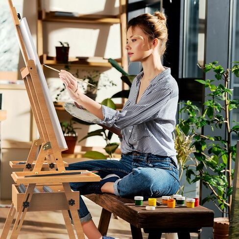 Large Beech Wood H-Frame Easel, Painting Easel for Adults with Storage Box and Palette, Multi-Function Studio Easel, Professional Foldable Artist Easel Stand for Painting, Holds Canvas Art up to 36" in Kuwait