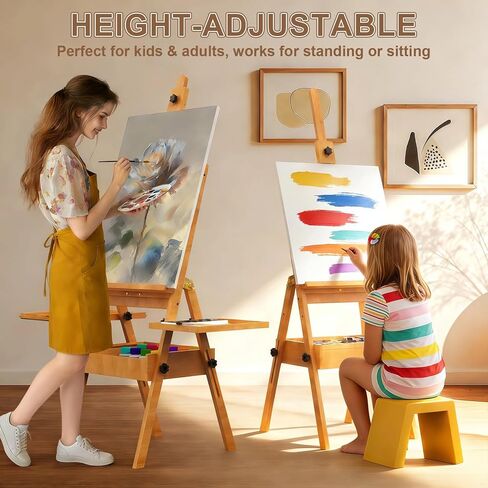 Large Beech Wood H-Frame Easel, Painting Easel for Adults with Storage Box and Palette, Multi-Function Studio Easel, Professional Foldable Artist Easel Stand for Painting, Holds Canvas Art up to 36" in Kuwait