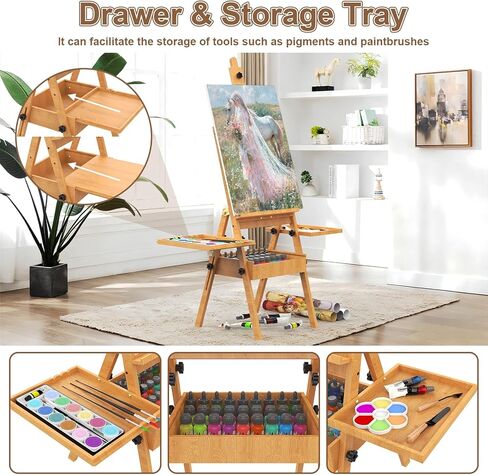 Large Beech Wood H-Frame Easel, Painting Easel for Adults with Storage Box and Palette, Multi-Function Studio Easel, Professional Foldable Artist Easel Stand for Painting, Holds Canvas Art up to 36" in Kuwait
