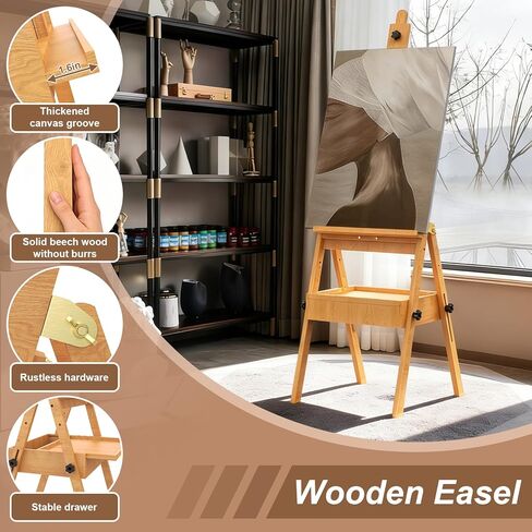 Large Beech Wood H-Frame Easel, Painting Easel for Adults with Storage Box and Palette, Multi-Function Studio Easel, Professional Foldable Artist Easel Stand for Painting, Holds Canvas Art up to 36" in Kuwait