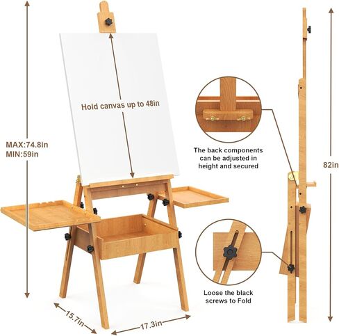 Large Beech Wood H-Frame Easel, Painting Easel for Adults with Storage Box and Palette, Multi-Function Studio Easel, Professional Foldable Artist Easel Stand for Painting, Holds Canvas Art up to 36" in Kuwait