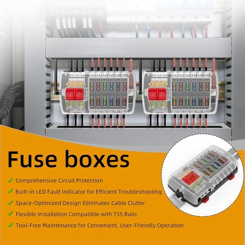 12v Fuse Boxes with 35mm din Rail Installation, Waterproof Fuse Block with LED Warning Indicator Damp-Proof Cover and Negative Bus,12 Way Fuse Panel for Automotive Boat RV Truck DC32Vmax in Kuwait