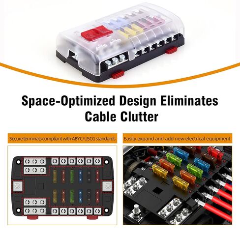 12v Fuse Boxes with 35mm din Rail Installation, Waterproof Fuse Block with LED Warning Indicator Damp-Proof Cover and Negative Bus,12 Way Fuse Panel for Automotive Boat RV Truck DC32Vmax in Kuwait