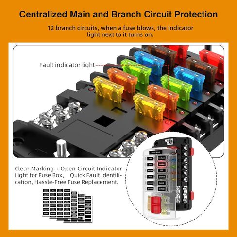 12v Fuse Boxes with 35mm din Rail Installation, Waterproof Fuse Block with LED Warning Indicator Damp-Proof Cover and Negative Bus,12 Way Fuse Panel for Automotive Boat RV Truck DC32Vmax in Kuwait