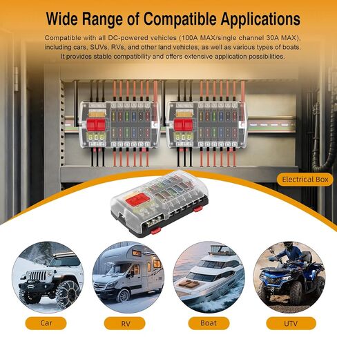 12v Fuse Boxes with 35mm din Rail Installation, Waterproof Fuse Block with LED Warning Indicator Damp-Proof Cover and Negative Bus,12 Way Fuse Panel for Automotive Boat RV Truck DC32Vmax in Kuwait
