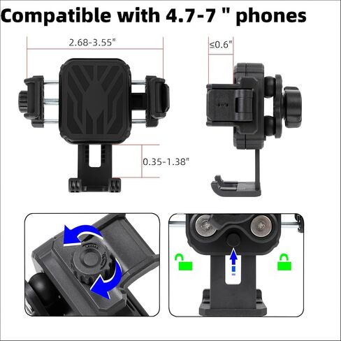 Motorcycle & Bike Phone Holder Mount with Vibration Dampener [Camera Friendly] [1-Second Lock & Release] [Aluminum Alloy Handlebar Clamp Base] for iPhone 17/16/15 Series, 4.7-7" Smartphones in Kuwait
