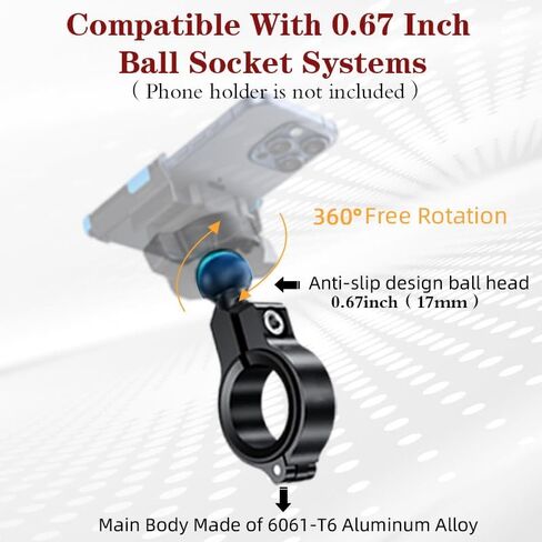 Aluminum Handlebar Base Mount with 17mm Ball Head Adapter for Round Rail Diameter 0.5"/0.67"/0.87"/1"/1.26", Compatible with RAM Mounts 17mm/0.67" Socket Arms in Kuwait