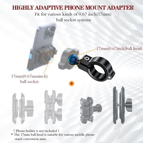 Aluminum Handlebar Base Mount with 17mm Ball Head Adapter for Round Rail Diameter 0.5"/0.67"/0.87"/1"/1.26", Compatible with RAM Mounts 17mm/0.67" Socket Arms in Kuwait
