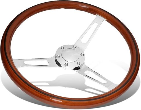 Auto Dynasty 15 Inches Wood Grain Grip Vintage Steering Wheel 2 Inches Deep Dish Stainless Steel Spoke w/Horn Button in Kuwait