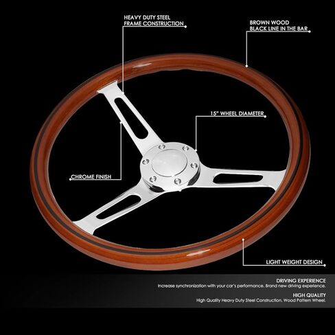 Auto Dynasty 15 Inches Wood Grain Grip Vintage Steering Wheel 2 Inches Deep Dish Stainless Steel Spoke w/Horn Button in Kuwait