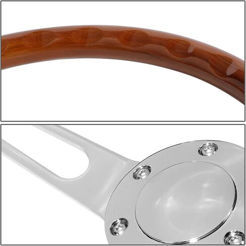 Auto Dynasty 15 Inches Wood Grain Grip Vintage Steering Wheel 2 Inches Deep Dish Stainless Steel Spoke w/Horn Button in Kuwait