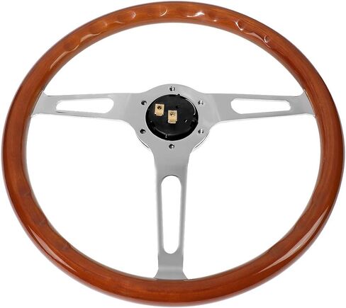 Auto Dynasty 15 Inches Wood Grain Grip Vintage Steering Wheel 2 Inches Deep Dish Stainless Steel Spoke w/Horn Button in Kuwait