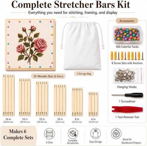 Qarrazwyi Needlepoint Stretcher Bars Kit, 12 Pcs Wooden Stretcher Bars for Needlework, 3 Sizes for Cross Stitch & Embroidery Canvas, 100 Tacks, Keeps Canvas Flat, Storage Bag in Kuwait