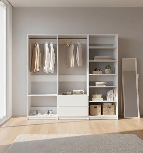 White Freestanding Walk in Closet System Made of Solid Wood, Includes Hooks and Shelves for Versatile Home Storage and Organization in Kuwait