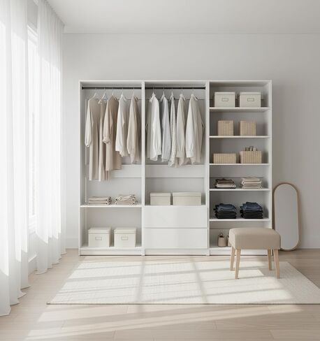 White Freestanding Walk in Closet System Made of Solid Wood, Includes Hooks and Shelves for Versatile Home Storage and Organization in Kuwait