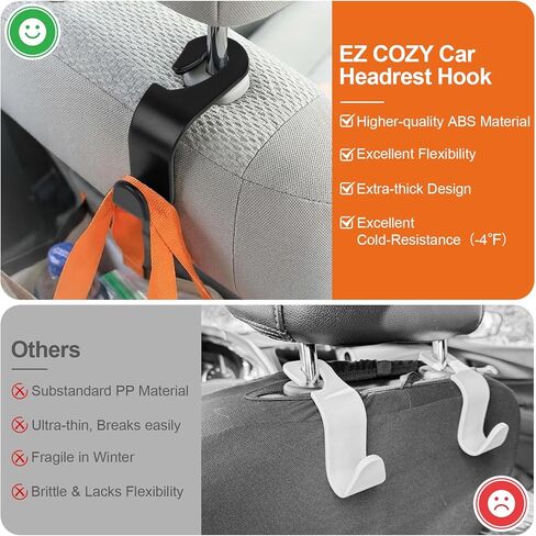 خطاف محفظة EZ COZY للسيارة 4 قطع، خطافات مقعد سيارة عميقة مضادة للسقوط لمسند الرأس، بلاستيك ABS سميك يحمل 55 رطلاً، حامل محفظة السيارة عالي التحمل وإكسسوارات السيارة الداخلية لحقائب اليد، منظم السيارة باللون الأسود in Kuwait