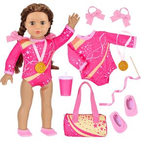 UNICORN ELEMENT 18 Inch Doll Gymnastics Clothes Set - Accessories for 18 Inch Dolls, Total 8 Pcs - Star Shaped Pattern Leotard, Gym Bag Headband, Gift for Girls (No Dolls) in Saudi Arabia
