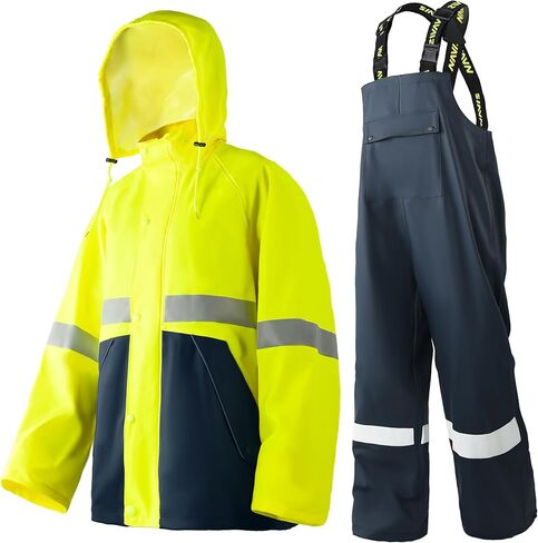 Hi-Vis Workwear PRO Men's Heavy Duty Waterproof Rain Suit, 3-Piece Safety Jacket & Bib Pants Set for Outdoor Construction in Kuwait