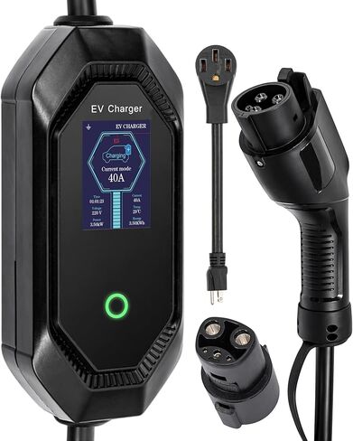 شاحن EV من المستوى 2 من GROWNEER لـ J1772/Tesla، شاحن EV سريع 40A/9.6kW، 120-240V NEMA 14-50P، تيار قابل للتعديل وتأخير توقيت لـ J1772 BEVs/PHEVs، كابل 25FT، مع محول Tesla NACS in Kuwait